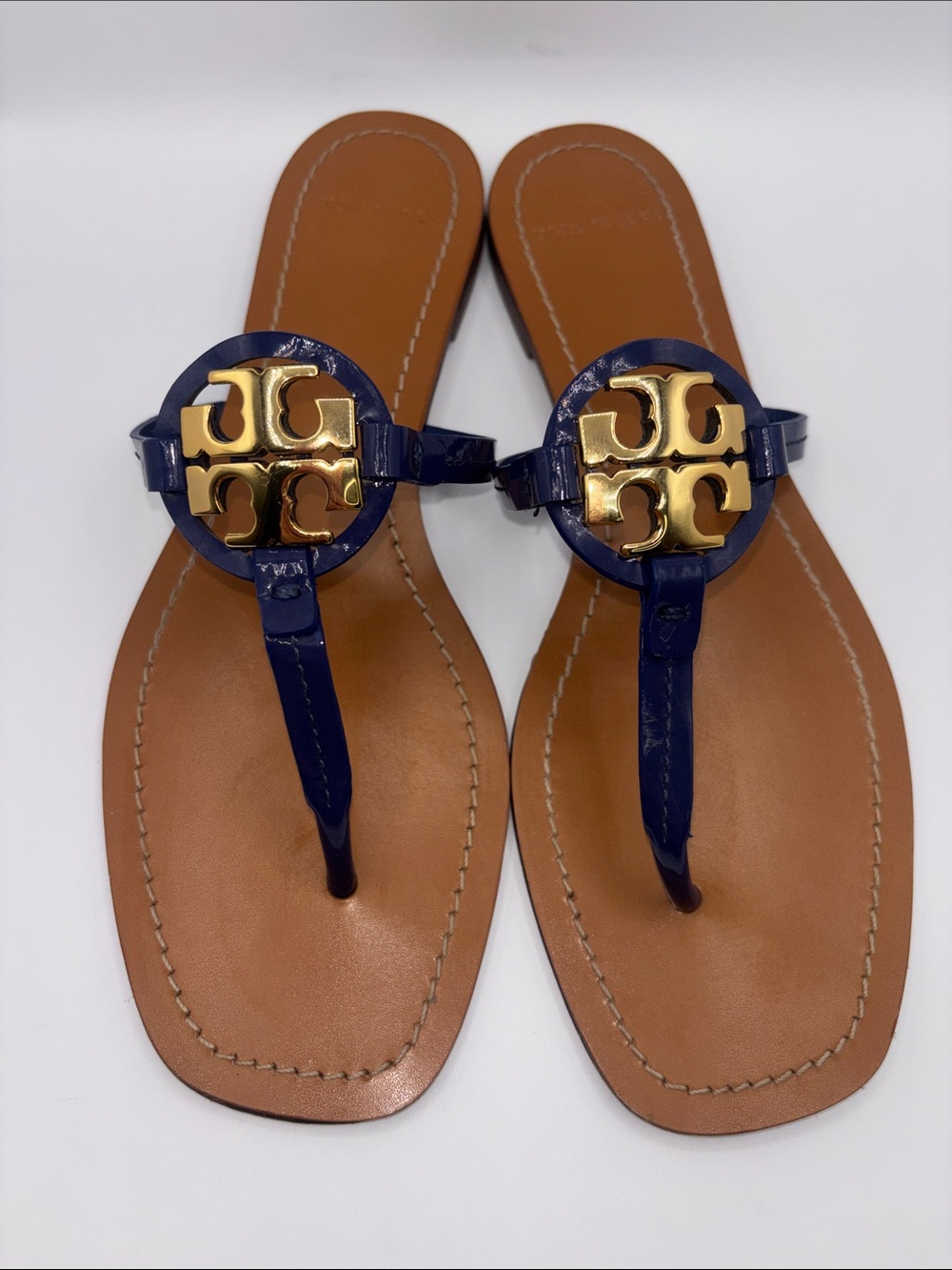Tory Burch Navy Patent Miller Thong Sandals with Gold Logo